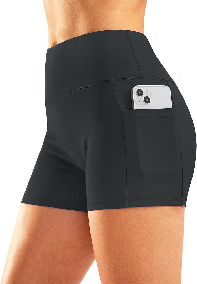 Pudolla Womens Swim Shorts High Waisted Bathing Bottom Shorts Tummy Control Board Swimsuit with Pockets (Black, M)