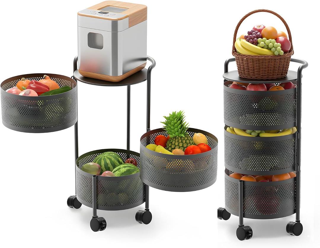 JAQ 3-Tier No Assembly Vegetable Storage Rack, Under Counter Rotating Fruit Basket with Wheels, Carbon Steel Kitchen Organizer for Potato Onion, Fruteros Para Cocina, Black, 13.19 Inches X 23.62 Inches X 13.5 Inches