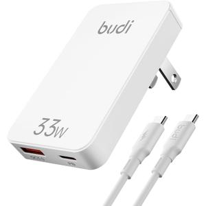 BUDI 33W Extra Slim Portable Wall Charger 2-Port Wall Charger Convenient Travel Accessories Compatible with MacBook and IPad iPhone Samsung Galaxy USB C Laptop Switch, Etc. (33W iPhone Set)