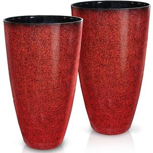 2 Pcs Pack 21 Inches Plastic Resin Tall Tapered Planter Pots Large Round Planter Flower Pot with Drainage Holes for Indoor Outdoor Deck Porch Yard Office Garden Home Patio Front Door (Red, L)