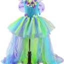Tutu Dreams Long Train Fairy Princess Dress for Girls 1-8Y with Wings Set Birthday Party (Large, Green)