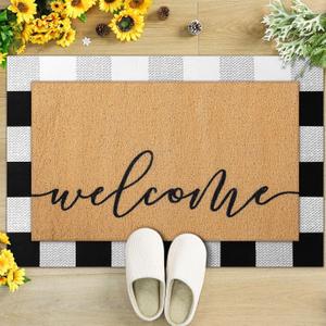Tinideya 2 Pcs Door Mat Welcome Non Slip Coir Mats Black White Buffalo Plaid Checked Floor Layering Doormats Seasonal for Front Porch Entryway Decor (Welcome)