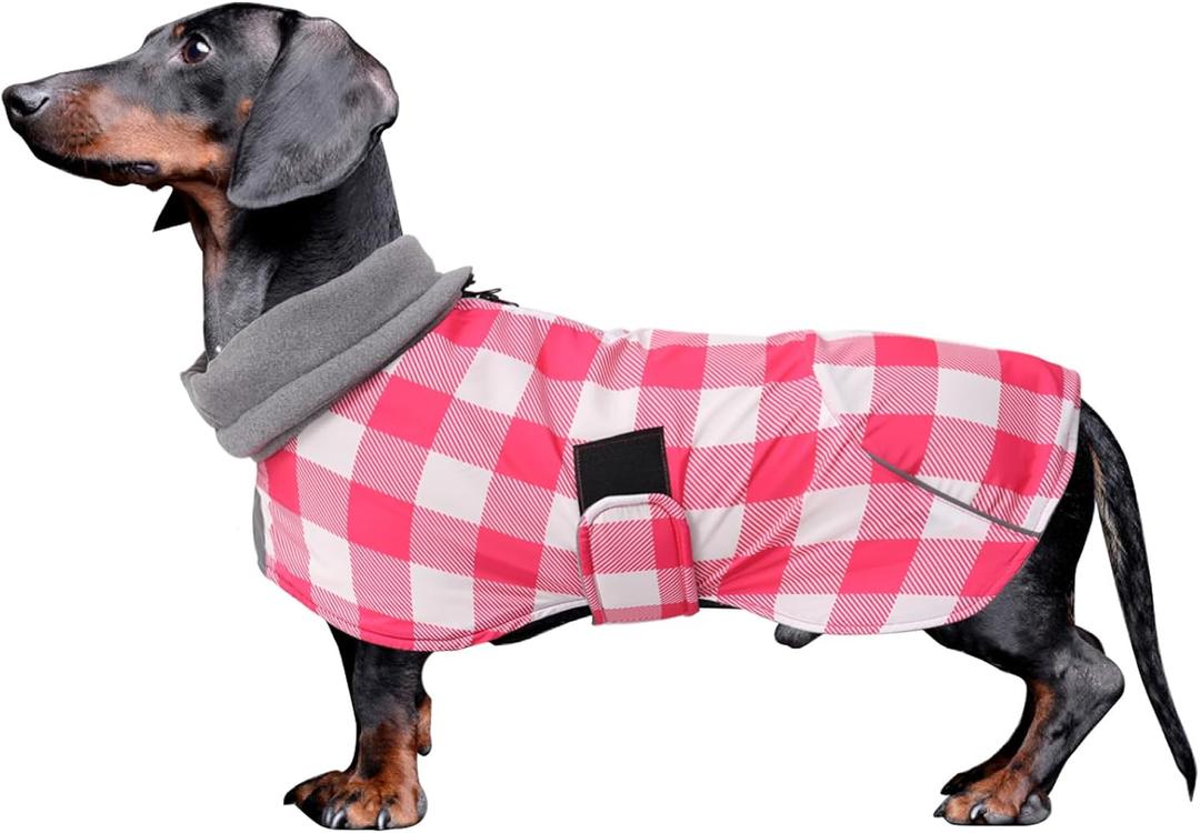 Dachshund Coats Waterproof Suitable for Dachshunds Sausage Weiner Dog Winter Coat Padded Fleece Puppy Snowsuit with Adjustable Bands Reflective Stripe - Plaid Pink - S