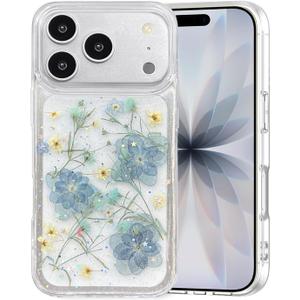 for iPhone 17 Pro Max Case Clear with Real Pressed Blue Flowers Design, Glitter Cute Bling Sparkle Girly Women Aesthetic Shockproof Protective Dried Floral Transparent Phone Cover (Violet)