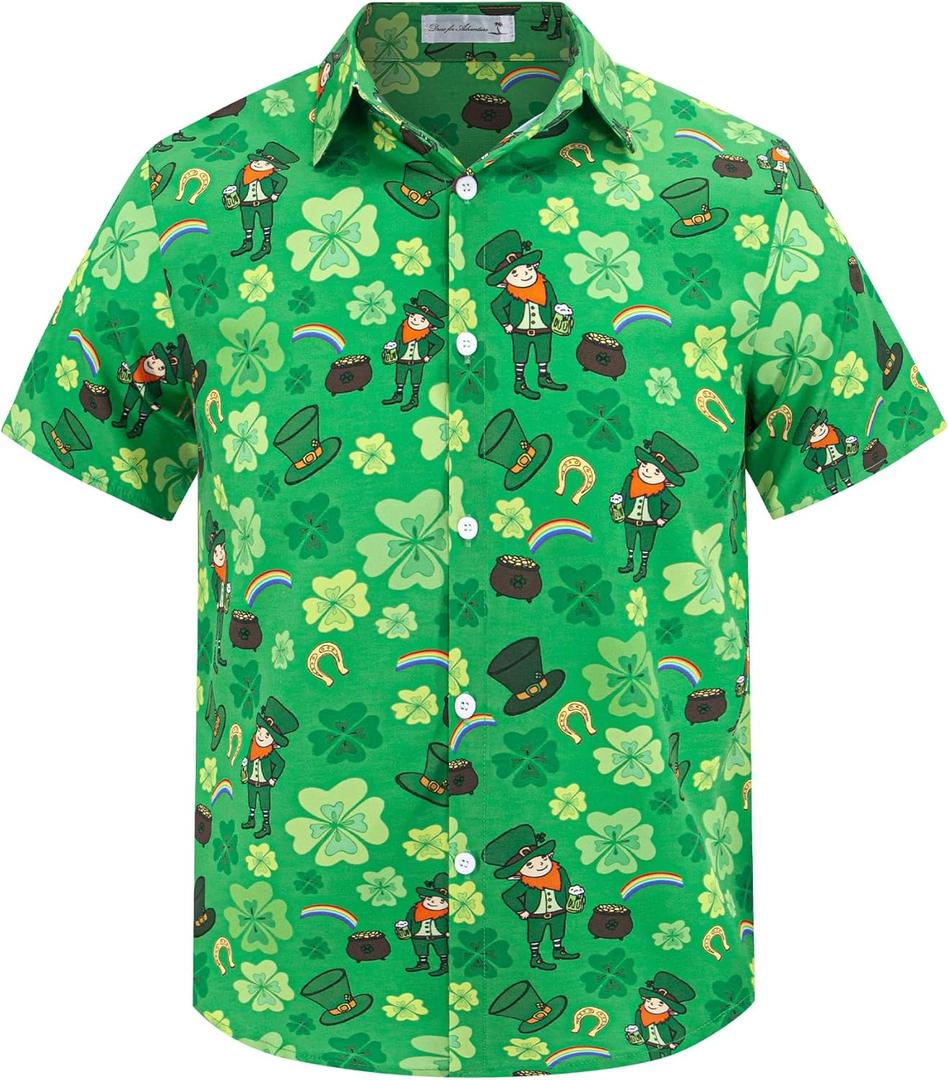 Yoimira Funny St Patrick's Day Shirt Kids,Irish Clover Printed Hawaiian Shirt for Boys 7-14 Years
