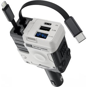 4 in 1 Retractable Car Charger, 127W Car Charger USB C Fast Charge with 2 Cables 2.6 FT and 2 USB Ports, 180 Adjustable Multi Port for iPhone/Ipad/Phone/Tablet/Laptop