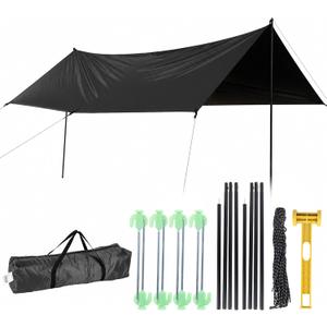 Waterproof Camping Tarp Hammock Rain Fly -14.79.8ft with 2 Poles, Mutifunctional Tent UV Protection Lightweight Tarp, for Camping, Outdoor, Traveling, Hiking (Quadrilateral, Black), 3x4.5m