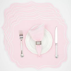 Cotton Linen Placemats Set of 4 - Double Layered, Machine Washable, Scalloped & Embroidered Cloth Table Mats - Wedding, Spring, Pastel Tone Mats, 19 x 17 inch, Light Pink