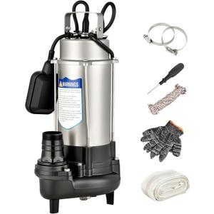 1HP Submersible Sewage Grinder Pump, Stainless Steel Housing, 2" NPT Discharge - For 30"+ Deep Sewage Basins, Septic Tanks, 52.5ft Head 6076GPH Max Flow, 115V (10400GPH(2HP))