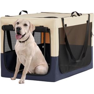 A4Pet Collapsible Dog Crate, Soft Sided Dog Crate - 36 Inch Adjustable Stainless Steel Frame, Lightweight, Durable and Portable Crate with 3-Door, Travel Dog Kennel (Blue+Beige)