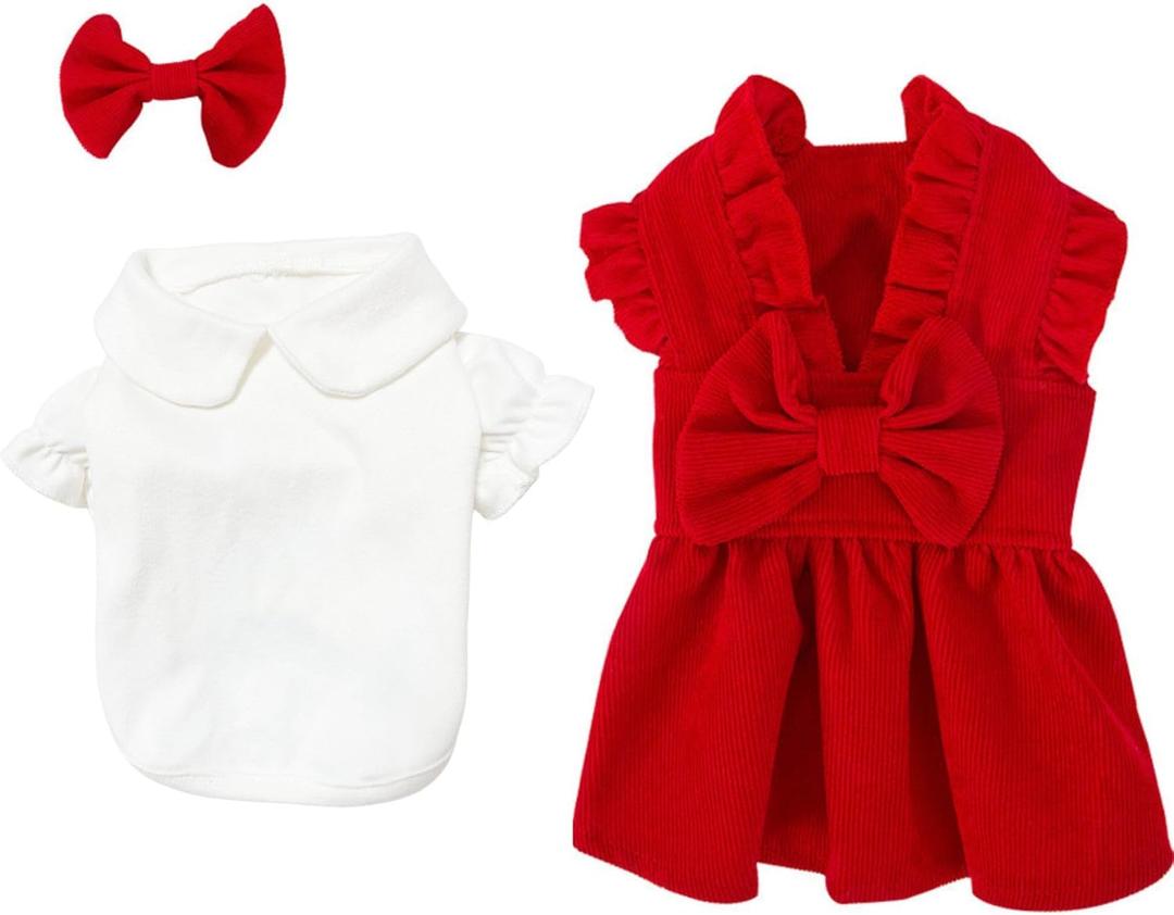 Red Corduroy Dog Dress Sweater for Small Dogs Girl Set Dog Winter Dress Puppy Clothes Christmas, X-Small