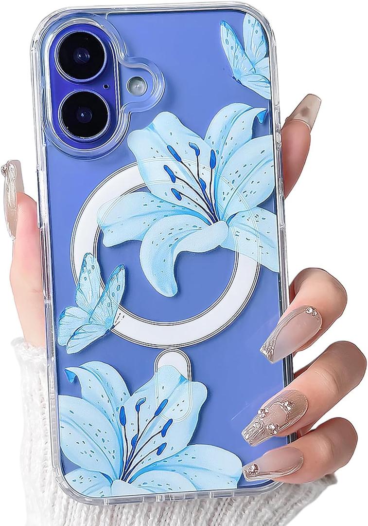 NITITOP Compatible with iPhone 16 Plus Case Clear Magnetic Compatible with MagSafe Cute Lily Flowers Floral for Women Girls Hard PC Back Shockproof Protective Phone Cover - Blue