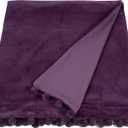55 in x 71 in Velvet Throw Blanket - Sofa Throw Blankets Made of Cotton Velvet with Pompom Trims on Sides - Versatile Cotton Velvet Accent Blanket for Bed (Aubergine)
