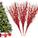 Christmas Artificial Glitter Berry Steam Decorations Red
