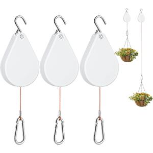 WROSWT Upgraded Retractable Plant Hanger,Plant Pulleys for Hanging Plants,Easy to Raise and Lower,Auto Lock,Heavy Duty,Adjustable Hook for Garden Baskets Pots,Birds Feeder,(3Pcs,White)