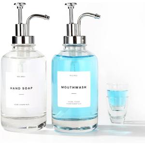 Molimoli Hand Bathroom Soap Dispenser Set, Glass Mouthwash Dispenser for Bathroom, Dish Soap Dispenser for Kitchen Sink, Soap Dispenser Pump, 500ml/16.9 Oz, Set of 2, Silver