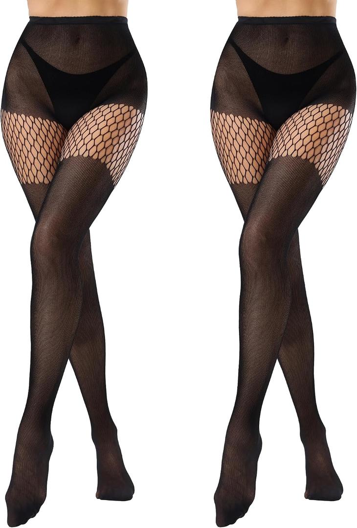 Faux Thigh High Tights for Women - Fishnet Gothic Pantyhose, High Waist Over-The-Knee Goth Leggings (Black)