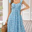 FENSACE Summer Cute Sweetheart Neckline Sundresses Ruffle Sleeve Floral Knee Length Dress (L)