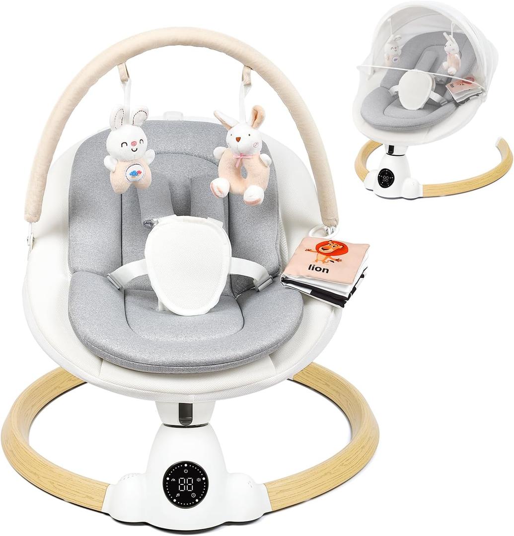 Baby Swing for Infants, Portable Electric Baby Swings with Bluetooth, 5 Swing Speed, 10 Lullabies, 5-Point Harness, Remote Control & Touch Panel - Infant Swing for Indoor & Outdoor Use, Wood Grain