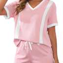 Women's Two Piece Outfits Color Block Lounge Sets Casual Short Sleeve Pullover Tops Matching Shorts (X-Large, Pink)