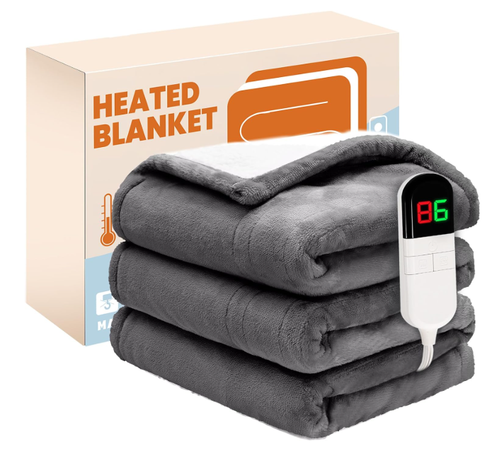 PTQ Electric Heated Blanket,Flannel & Sherpa Heated Throw Blanket 50"x60",Fast Heating Soft Fleece Blanket with 6 Heating Levels & 4H Auto Off  Grey