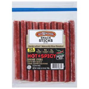 Old Wisconsin Hot & Spicy Sausage Snack Sticks, Naturally Smoked, Ready to Eat, High Protein, Low Carb, Keto, Gluten Free, 28 Ounce Resealable Package (EXP 10/28/26)