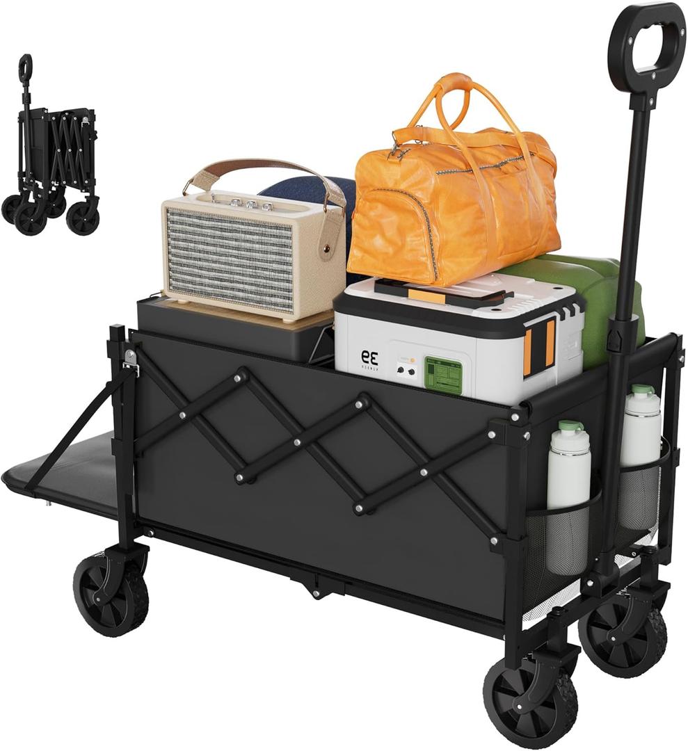 Foldable Wagons Carts, Lightweight Collapsible Portable Utility Shopping Cart with Wheels & Tailgate, Folding Grocery Wagon Cart for Grocery, Camping, Shopping, Beach, Garden, Sports Black, 38"D x 15.7"W x 36.6"H