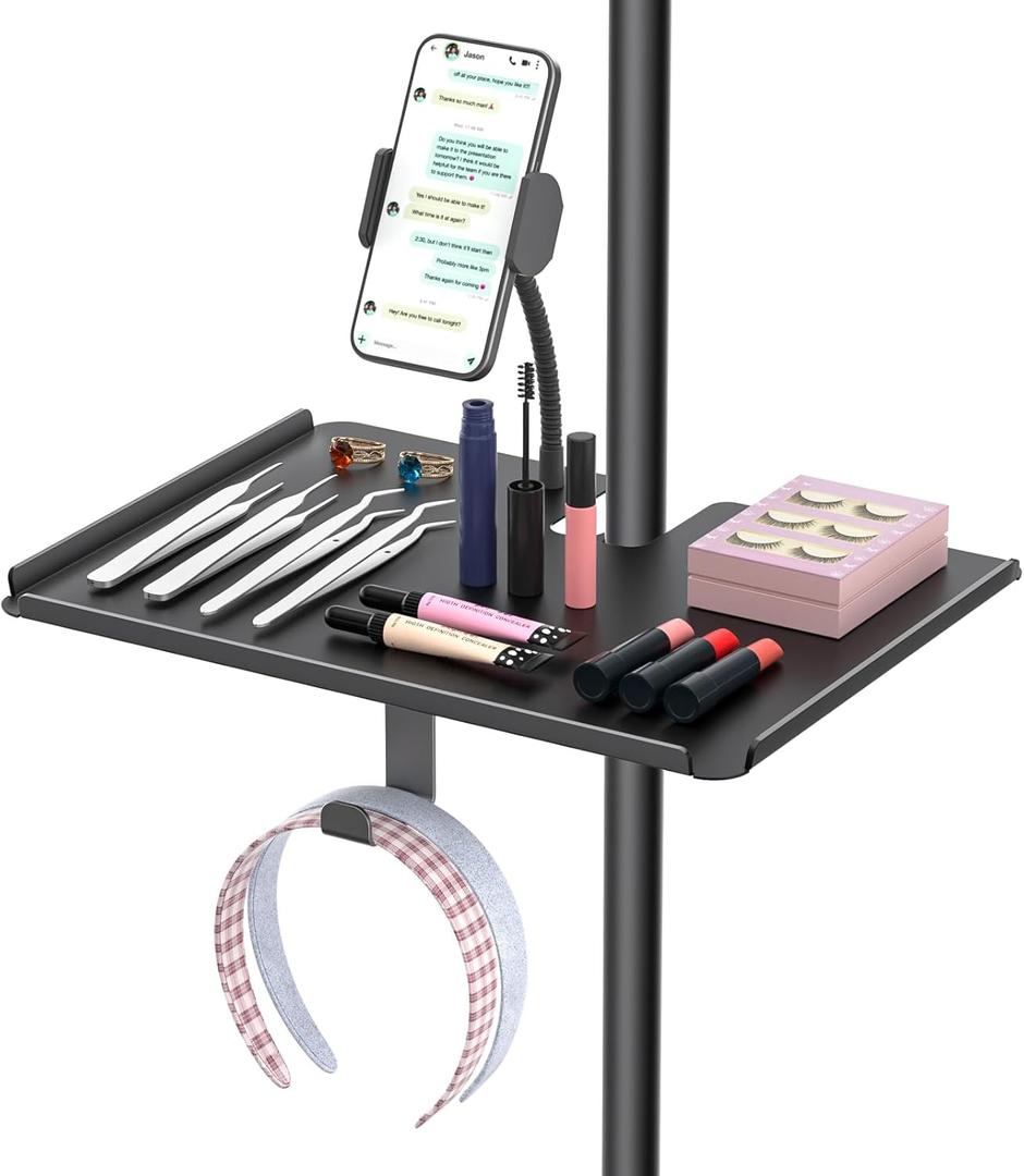 Adjustable Metal Lash Tray Holder for Ring Light & Lash Techs  ClipOn Organizer Tray with Phone Holder, Mirror Hook & Height Control for Eyelash Extensions Supplies (Salon/Home Use)