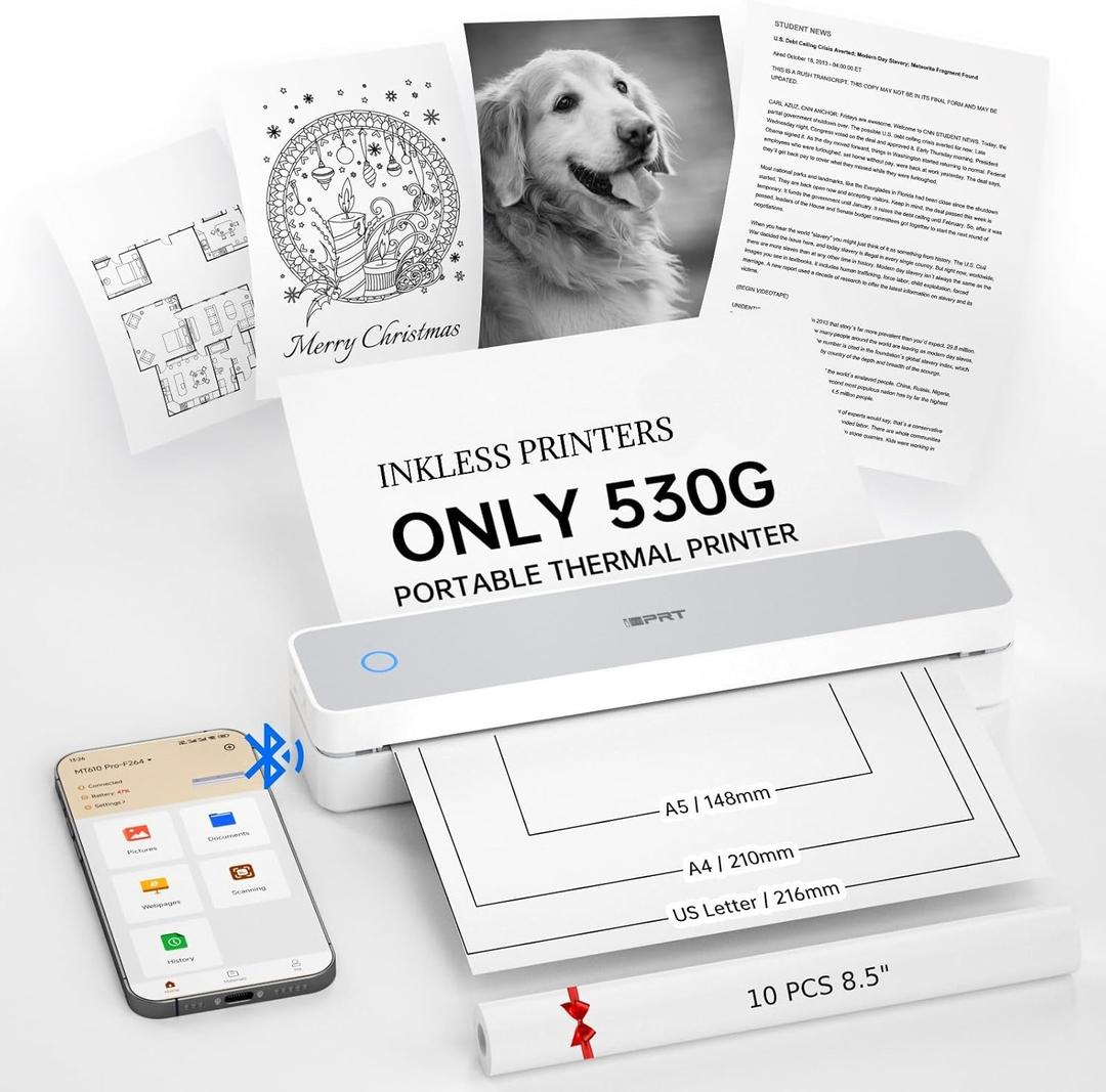 iDPRT Portable Inkless Printer for Travel,Wireless Thermal Printers Support 8.5" x 11" US Letter/A4,Small Mobile Bluetooth Printer for Home Use,Office,Vehicles,Compatible with Smartphone & Laptop (White)