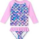 Funnycokid Girls Rash Guard Swimsuit Set Long Sleeve Bathing Suit Two Piece 9-10 Years (Fish Scale Pink)