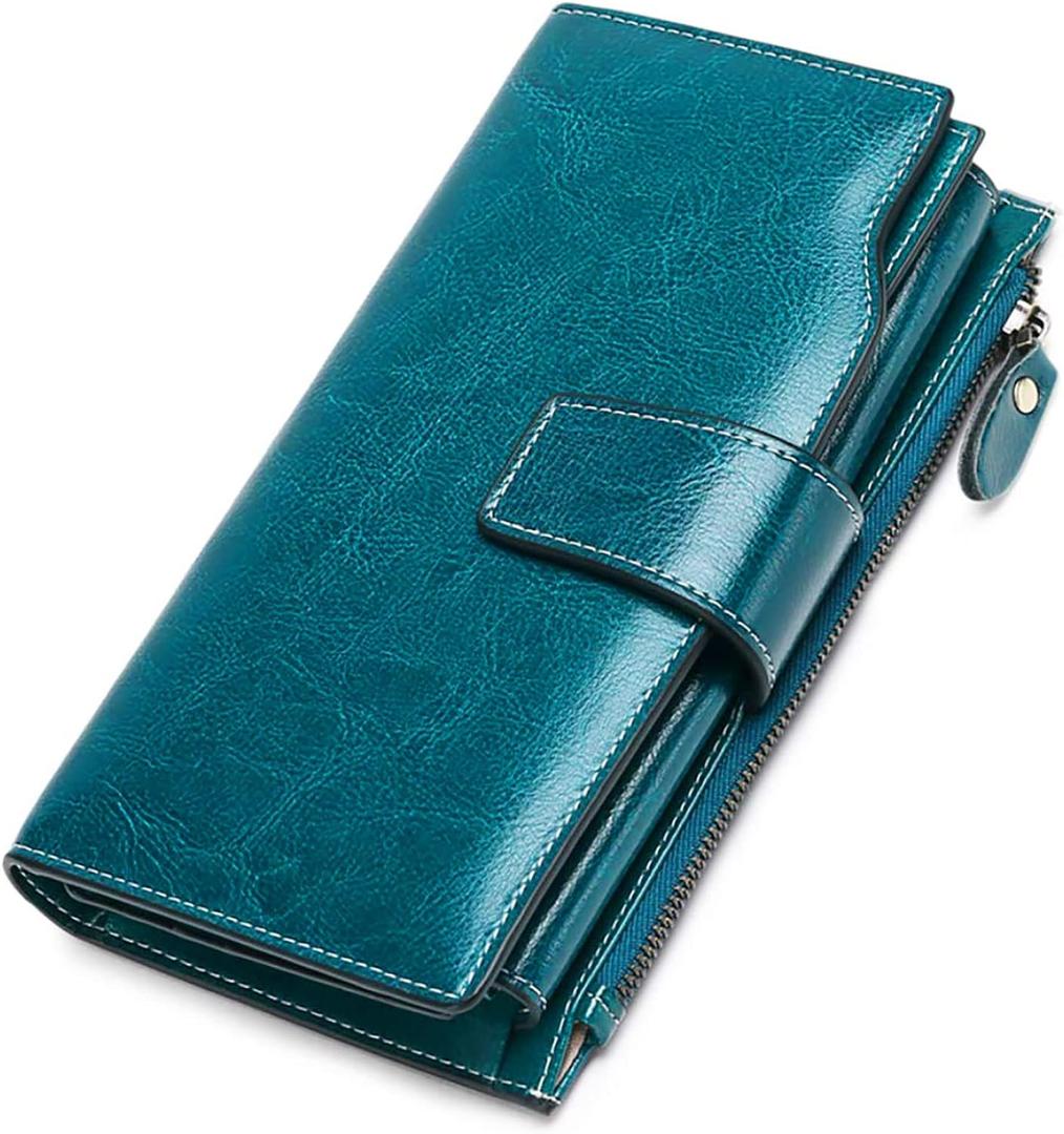 SENDEFN Women Leather Wallets RFID Blocking Clutch Card Holder Ladies Purse with Zipper Pocket (Blue)