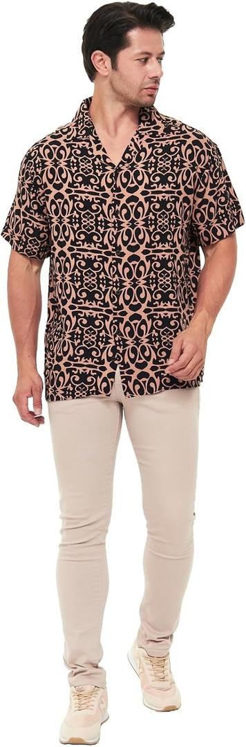 Men's Short Sleeve 100% Viscose Hawaiian Shirt Regular Fit Button Closed (XS, Black-brown)