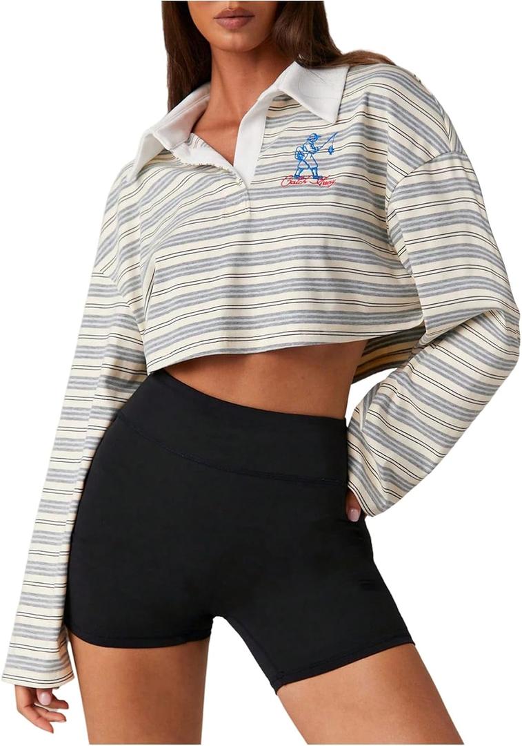 RoseSeek Women's Oversized Sweatshirts Collar Striped Embroidery Preppy Pullovers Long Sleeve Crop Tops (Gray, L)