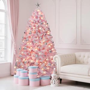 YITAHOME 7.5 FT Prelit Pink Flocked Christmas Tree, Pre-Lit Pink Spruce Artificial Christmas Tree with 1346 PVC Flocked Tips and 550 Warm-White Lights for Home, Office Decoration