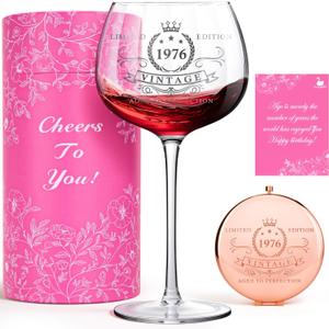 50TH Birthday Gifts for Women 1976 Vintage Wine Glass & Matching Mirror, Elegant Present for Mom, Friend, Daughter, Sister or Wife Celebrating 50 Years of Love and Life