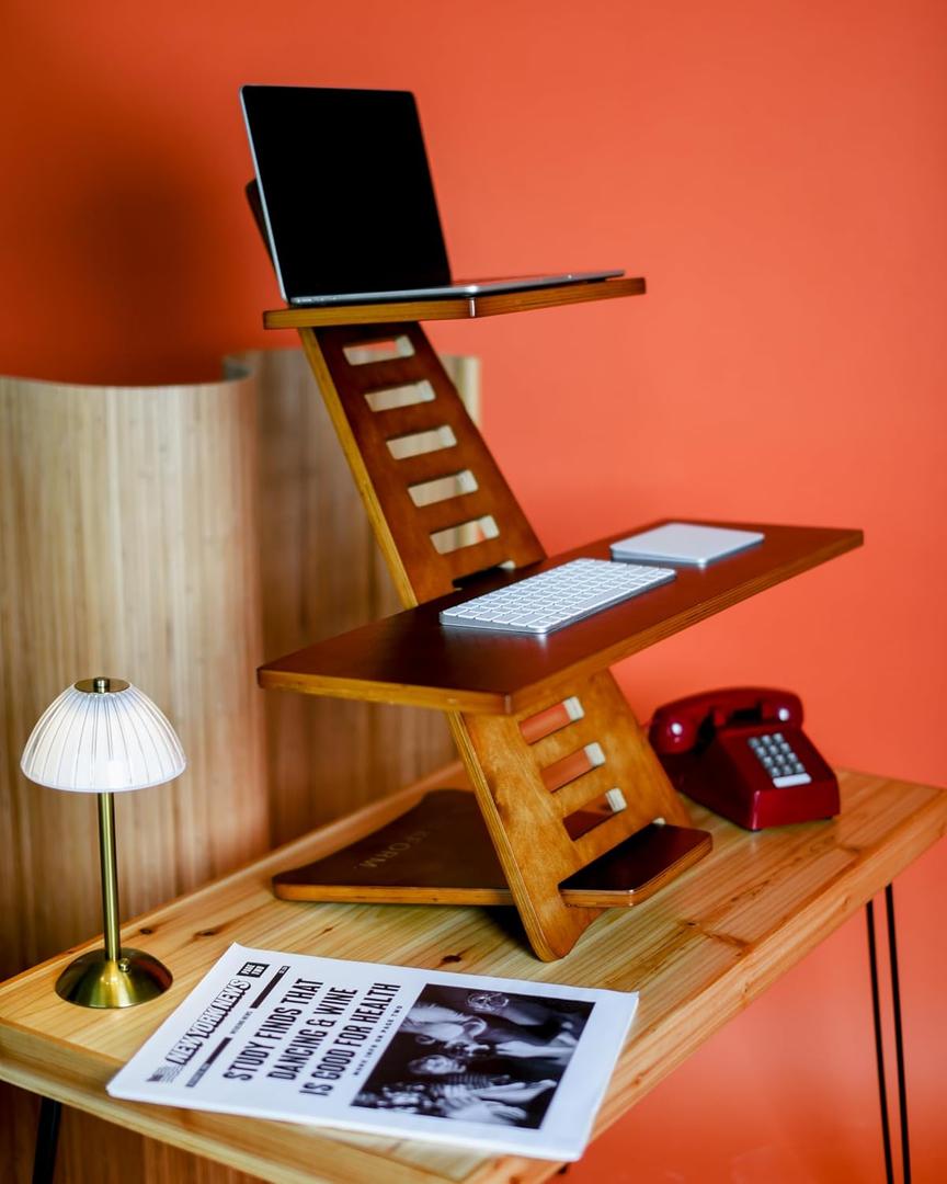 Sleekform Standing Desk Converter - Elevation Stand, Laptop Riser, Adjustable Height Sit to Stand Desk Converter Workstation for Office and Home, Table Top Wood Portable - Walnut (Walnut With Tote Bag)
