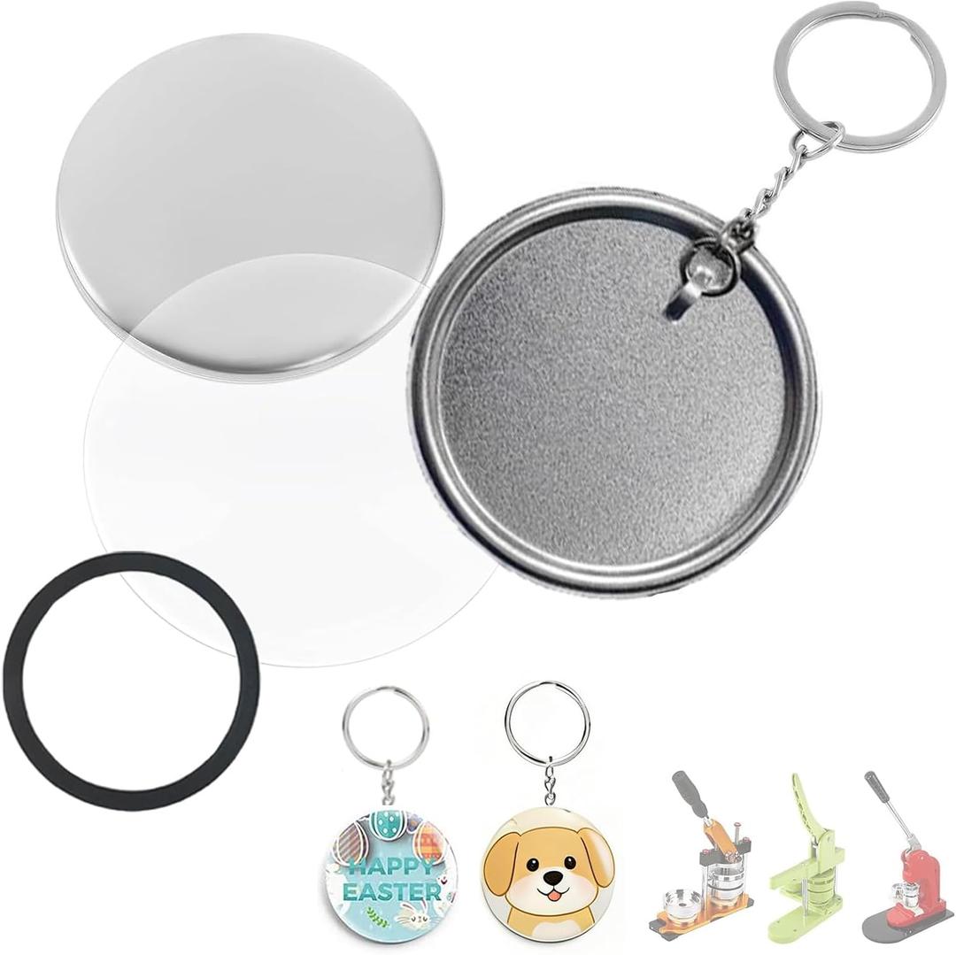 200 PCS 58mm/2.25 inch Button Maker Keychains Supplies, Metal Badge Sets with Metal Shell Back Cover, Transparent Film and Chain Head