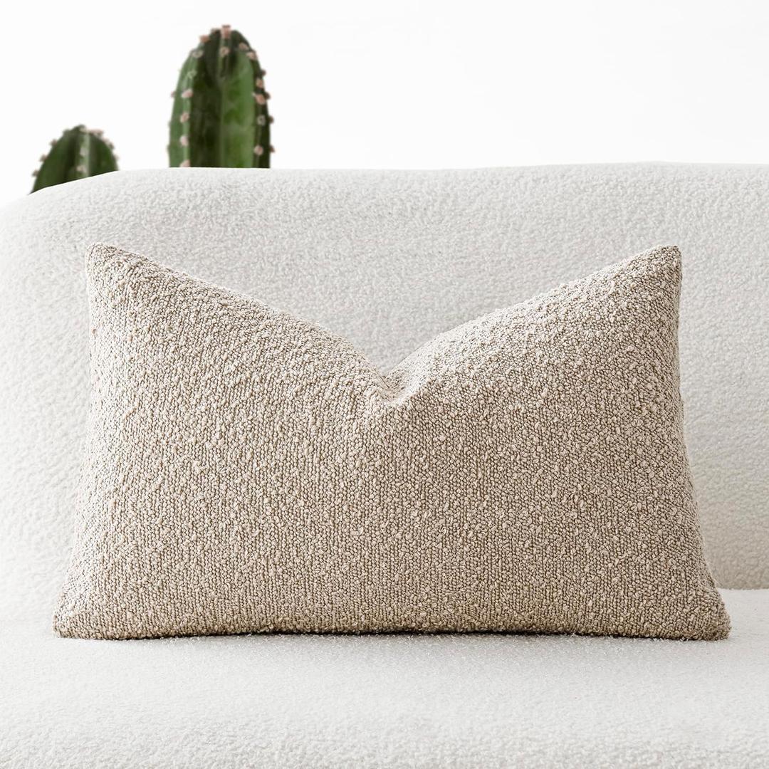 Foindtower Textured Boucle Throw Pillow Covers Accent Solid Lumbar Pillow Cases Cozy Soft Decorative Couch Cushion Case for Chair Sofa Bedroom Living Room Home Decor, 12 x 20 Inch,Beige Oatmeal