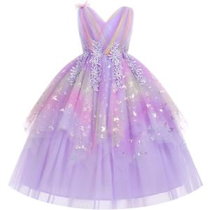 IDOPIP Flower Girl Sequin Butterfly Dress for Kids Wedding Bridesmaid Pageant Party Formal Long Lace Maxi Gown Big Princess Birthday Communion Prom Handkerchief Puffy Tulle Dresses Purple 5-6 Years