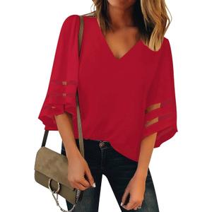 luvamia Women's Casual V Neck Blouse 3/4 Bell Sleeve Mesh Panel Shirts Loose Top (X-Large, A True Red)