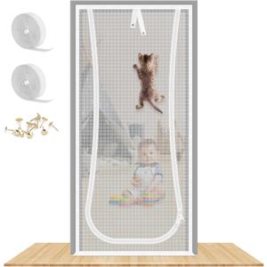 New Reinforced Cat Screen Door, Fits Door Size 30''x 80'' Heavy Duty Pets Proof Screen Door with Bilateral Zipper, Prevent Dogs Cats Running Out from Home, Bedroom,Living Room, Kitchen Patio Door