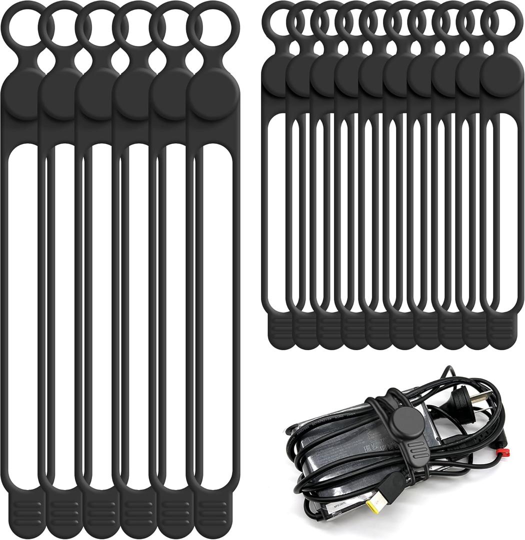 Silicone Cable Ties Cord Organizer for Cable Management, 16PCS 4.2" and 7.1" Reusable Cable Organizer Electronic Accessories for Home, Office, Kitchen, School, Travel (Black)