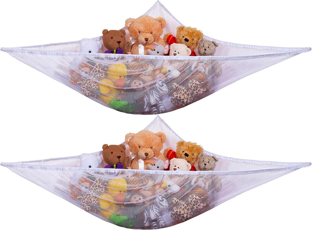 Handy Laundry Stuffed Animal Organizer Hammock, 2-Pack Mesh Toy Storage Net for Kids, Expands to 5.5 Feet, Corner Hanging Holder for Plushies & Children's Toys, Easy Install, White