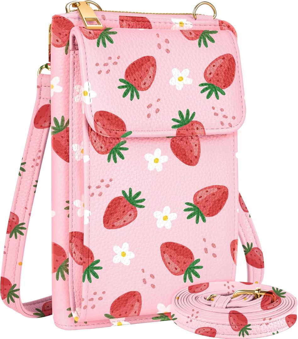 Cell Phone Purse Crossbody Bags for Women - Cute Design Leather Cellphone Bag Small Cross Body Bags Wallet Purses Trendy Aesthetic Pouch for iPhone with Adjustable Strap, Strawberry