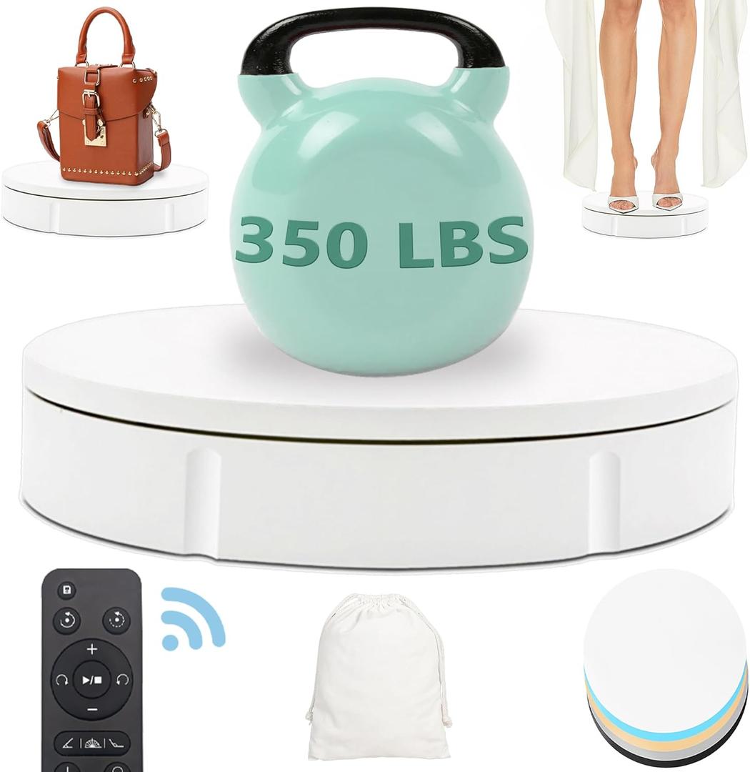 Prolee Rotating Display Stand 350lbs Capacity, 360 Degree Rotating Turntable 12 Inch, Turntable for Photography, Automatic Remote Control Display Platform with 5 Colour Surface Covers and Carry Bag (White)