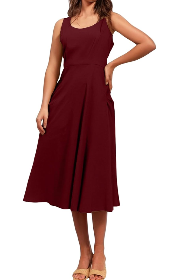 Women Summer Dresses Spaghetti Strap Sleeveless Linen Overall Dress Casual A-Line Midi Long Beach Dress with Pocket, Small