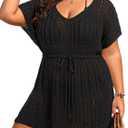 Plus Size Swimsuit Cover Up Women - Crochet Beach Romper Knit Bathing Suit Short Sleeve V Neck Swimwear Coverup Dress (Black) 16 Plus