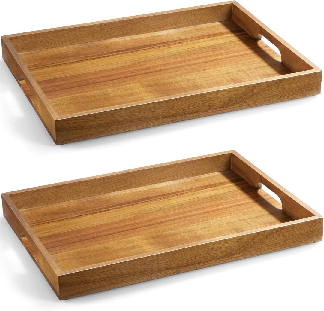 2 Pack Acacia Wood Serving Tray with Handles - 17 Inch Large Wooden Tray for Ottoman, Breakfast in Bed, Dinner, Coffee Table 