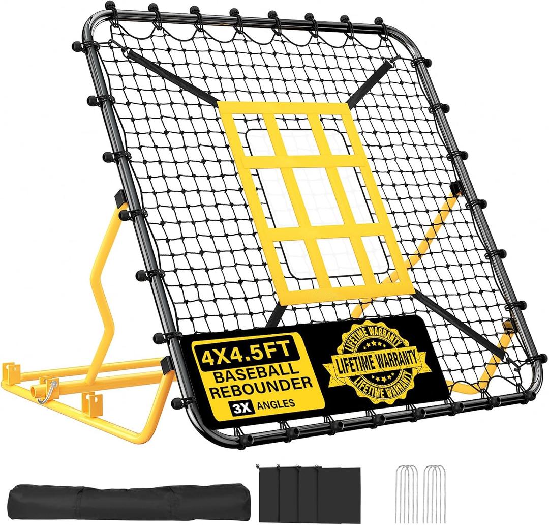Utheer Baseball Rebounder Net 4x4.5FT Pitch Back Trainer with Strike Zone & 9-Grid Target for Baseball Softball Soccer Volleyball Lacrosse - 3 Adjustable Angles | Steel Frame UV Net | Foldable