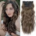 LEEONS 20 inch Synthetic Hair Extensions Long Wavy Double Weft Hair Extensions for Women(Medium Brown Mixed Ash Grey) (Dark Brown Mixed Middle Brown Highlight)